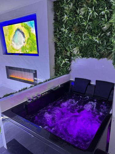 un jacuzzi dans une pièce avec un tableau dans l'établissement Suite jacuzzi 2 min de la mer, à La Ciotat