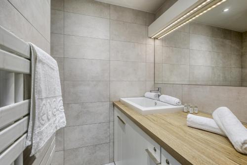 uma casa de banho com um lavatório e um balcão com toalhas em The Lake Terrace em Annecy