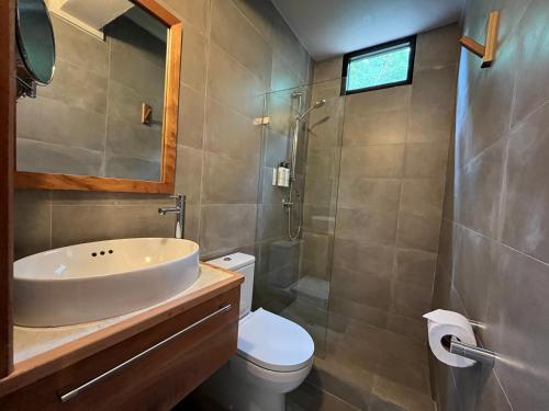 a bathroom with a sink and a toilet and a shower at HADCO Experiences at Asa Wright Nature Centre in Blanchisseuse