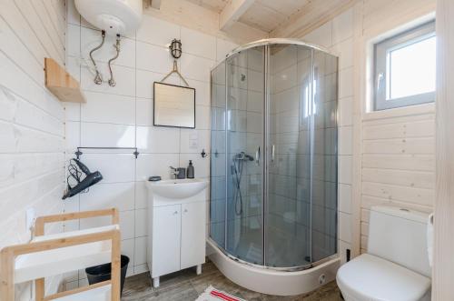 La salle de bains est pourvue d'une douche, de toilettes et d'un lavabo. dans l'établissement Biale Domki Kopalino, à Kopalino