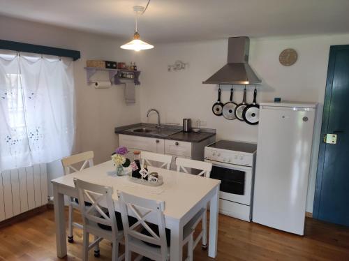 a kitchen with a table and a white table and chairs at Apartma Hiša Pliska in Pliskovica