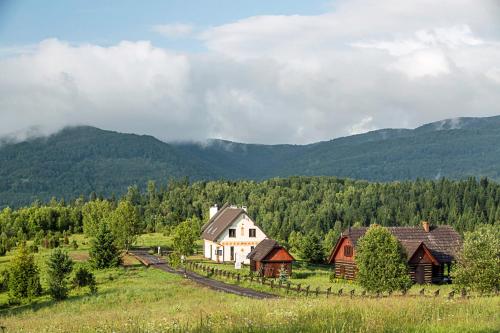 a house in a field with mountains in the background at Gościniec Horb in Wetlina
