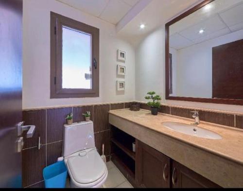 a bathroom with a toilet and a sink and a mirror at Twin house in El Alamein