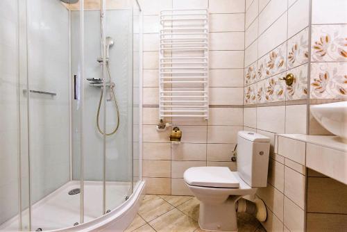 W łazience znajduje się prysznic, toaleta i umywalka. w obiekcie Gościniec Horb w Wetlinie