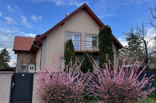 a house with pink flowers in front of it at Lavender Apartment in Siófok