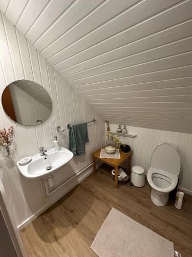 uma casa de banho com um lavatório e um WC em Skovbrynet 2 Zimmer 4 em Lokken