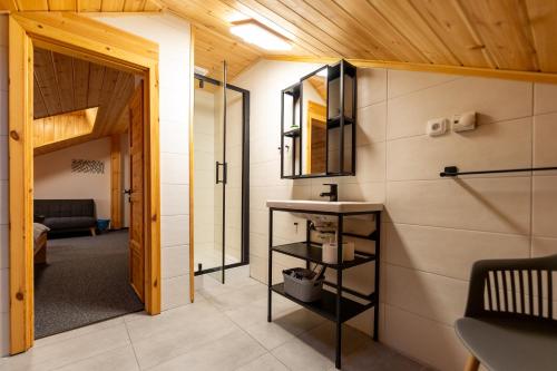 a small bathroom with a sink and a mirror at Wellness Hotel Koliba in Komorní Lhotka