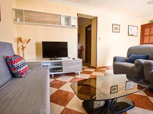 a living room with a couch and a tv at Casa Rural Los Mayorales II Apartamento in La Garrovilla