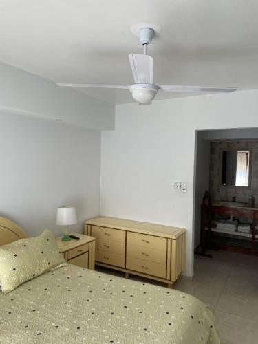 a bedroom with a bed and a ceiling fan at Mar y Asados - Chalet hasta 19 huéspedes con dos Parrillas in Mar del Plata