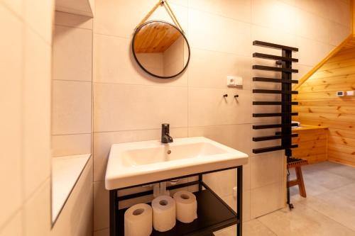 a bathroom with a sink and a mirror at Wellness Hotel Koliba in Komorní Lhotka