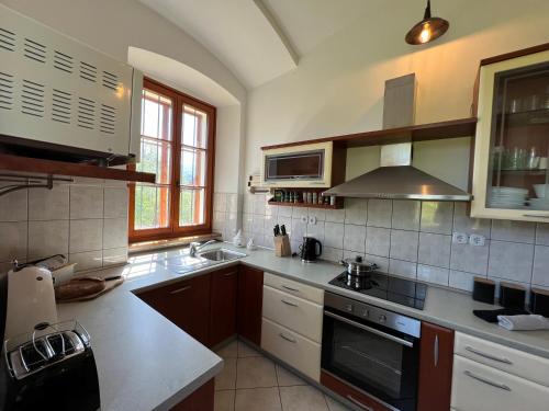 a kitchen with a sink and a stove at Rezidenca Korman in Fala