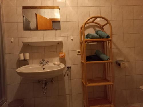 a small bathroom with a sink and a mirror at Ferienwohnung Lechthaler Andrea in Wenns