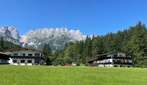 a group of buildings in a field with mountains in the background at otto steiner appartements pension ellmau & wilder kaiser in Ellmau