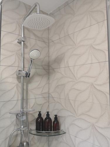 a shower with three bottles on shelves in a bathroom at O RECUNCHO DE MORA in Ribeira
