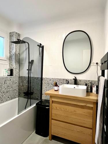 une salle de bain avec un lavabo et une douche avec un miroir dans l'établissement Appartement Roucas - Corniche, à Marseille