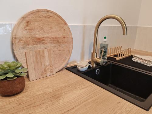 - un comptoir de cuisine avec un évier et un miroir dans l'établissement L'Oiseau vert - calme, ressourçant et proche du centre ville, à Montbéliard