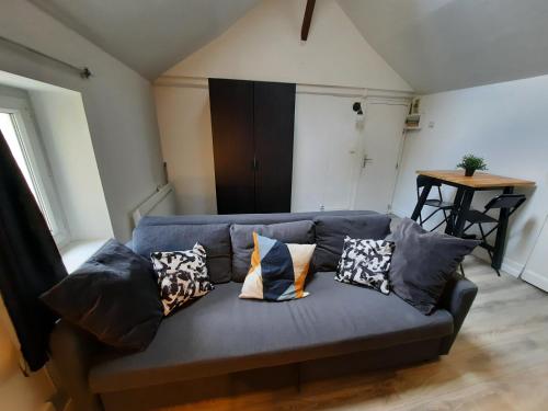 - un canapé bleu avec des oreillers dans l'établissement Le Perdrix : Apt 2 prs, proche Gare et Darcy, à Dijon