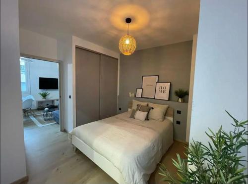 une chambre avec un lit et une plante en pot dans l'établissement La Belle Échappée, à Lourdes