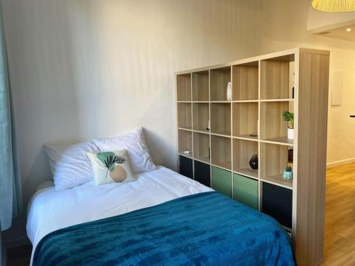 une chambre avec un lit et une étagère dans l'établissement Agréable Studio refait à neuf, Centre historique, à Avignon
