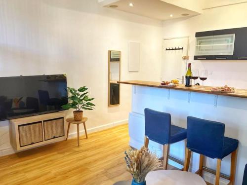 Il comprend un salon doté de 2 chaises bleues et d'une télévision à écran plat. dans l'établissement Agréable Studio refait à neuf, Centre historique, à Avignon