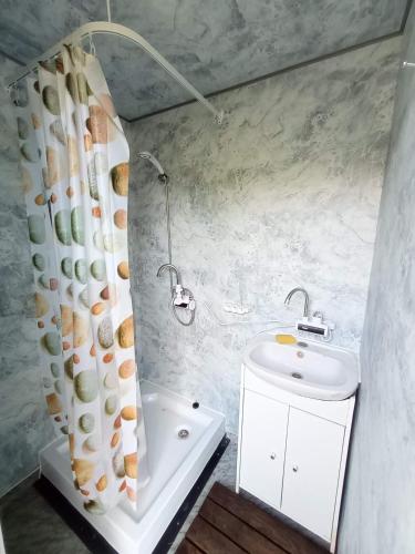 a bathroom with a sink and a shower curtain at Domek Łukaszówka in Jonkowo