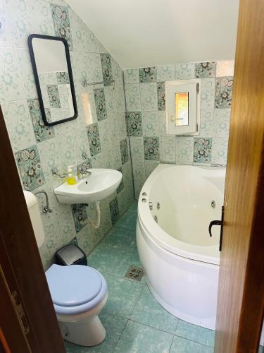 a bathroom with a tub and a toilet and a sink at Casa Aris in Călimăneşti