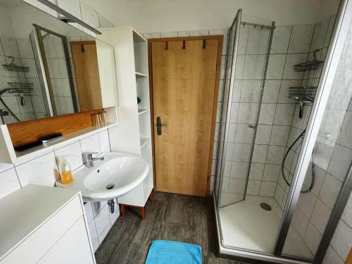 a bathroom with a sink and a shower at Ferienhaus Pirol am Vilzsee in Mirow in Mirow