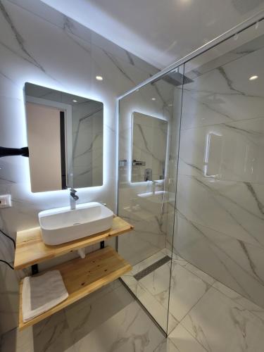 een badkamer met een wastafel en een douche bij Jani Studio Apartments in Gjirokastër