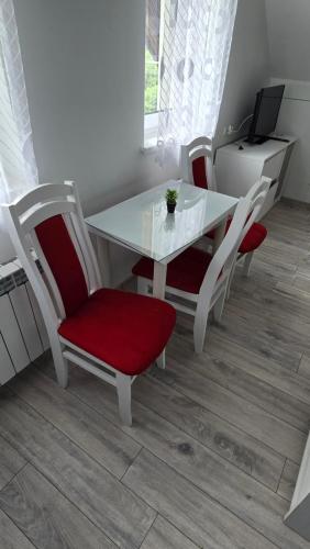 a white dining room table with four red chairs at Jaworina- Apartamenty, Domki i Pokoje in Solina