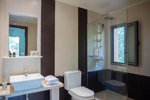 斯卡拉克弗隆尼亞斯的住宿－Dalasvillas SkalaAcqua，浴室配有卫生间、盥洗盆和淋浴。