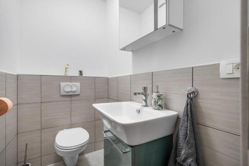 a bathroom with a sink and a toilet at Holiday Home Family Love in Labin