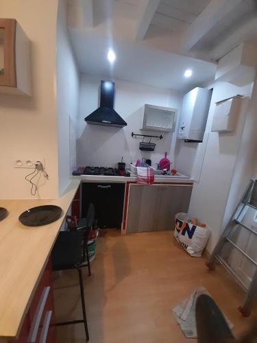 - une petite cuisine avec un comptoir et une cuisinière dans l'établissement Charmante petite maison meublée, à Le Vernet