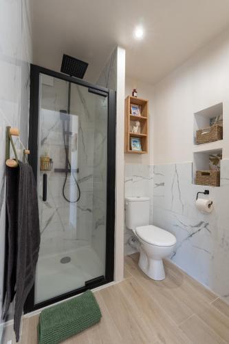 une salle de bain avec douche et toilettes dans l'établissement Le Cabanon - Les pieds dans l'eau - Calanques - Wifi, à Ensuès-la-Redonne