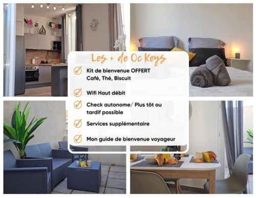 un collage de photos d'une cuisine et d'un salon dans l'établissement L'Orchidée, proche de la gare avec clim et terrasse, à Narbonne