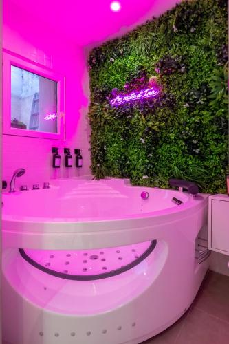 une salle de bain rose avec un mur vert avec une baignoire dans l'établissement Les nuits d’Ina, à Toulon