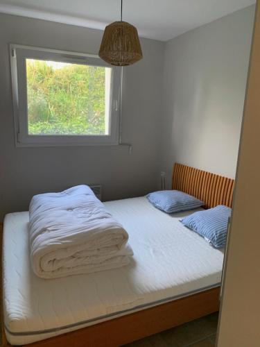 une chambre avec deux lits jumeaux avec une fenêtre dans l'établissement Maison 400m de la plage, à Crozon