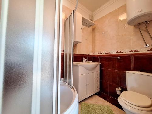 Un baño con ducha, inodoro y lavabo. en Apartment Nenad, en Tribalj