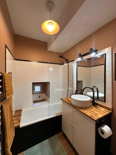 une salle de bain avec un lavabo et une baignoire dans l'établissement Appartement Hedas hyper centre, à Pau