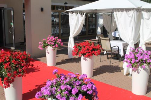 a row of white vases filled with flowers on a table at Hotel Vitalia in Boszkowo