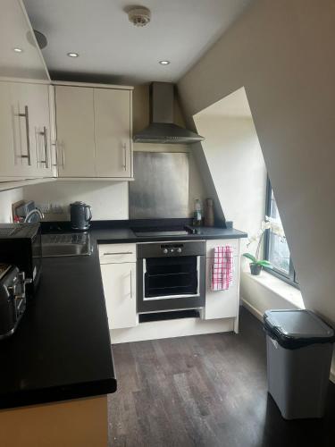 倫敦的住宿－Flat 5 SIA，厨房配有白色橱柜和炉灶烤箱。