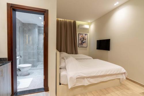 a bedroom with a bed and a bathroom with a shower at Sleep Inn Apart-Hotel in Cairo