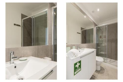 two pictures of a bathroom with a sink and a toilet at Belem Design Apartments by Homing in Lisbon