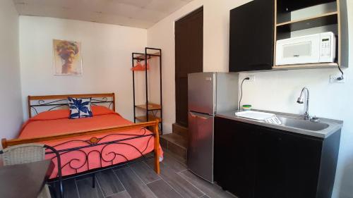 a small kitchen with a bed and a sink at Casa Blanca in San Carlos
