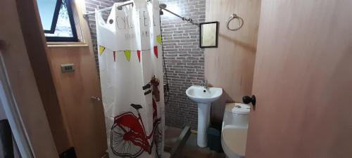 a small bathroom with a sink and a toilet at cabaña trafwe in Lago Ranco
