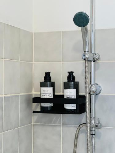 - une étagère dans une salle de bains avec 2 bouteilles dans l'établissement Appartement Jules Ferry - centre, à Saumur