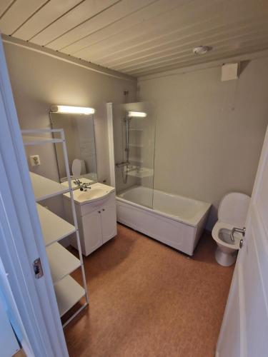 ein Bad mit einer Dusche, einem Waschbecken und einem WC in der Unterkunft Preikestolen Panorama in Strand