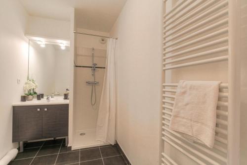 une salle de bain avec douche et lavabo dans l'établissement Cosy et Calme avec parking, à Villeurbanne