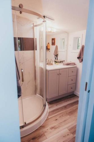 a bathroom with a shower and a sink at Bay View Casita in Olympia