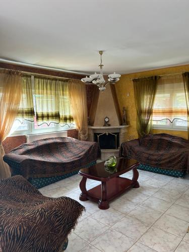 ein Wohnzimmer mit zwei Betten und einem Tisch in der Unterkunft Villa in Ptolemaida in Proástion