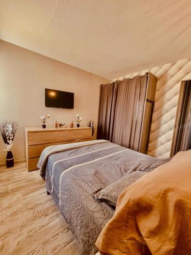 - une chambre avec un lit et une télévision murale dans l'établissement Havre de paix à Narbonne, à Narbonne